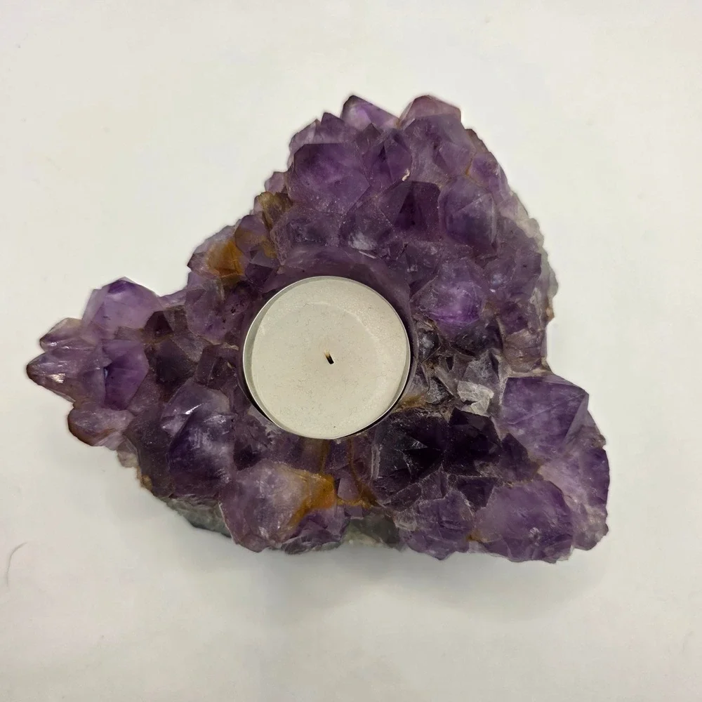 Amethyst Cluster Tea Light Candle Holder Natural Purple Geode Crystal Heart